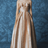 Straplez Yaka Prenses Kesim Uzun Abiye Elbise - 9050C - Şampanya
