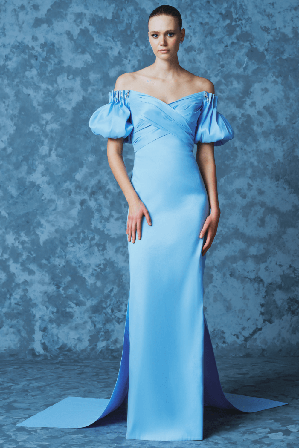 Cape Balloon Sleeve Stone Embroidered Long Evening Dress - 9084C