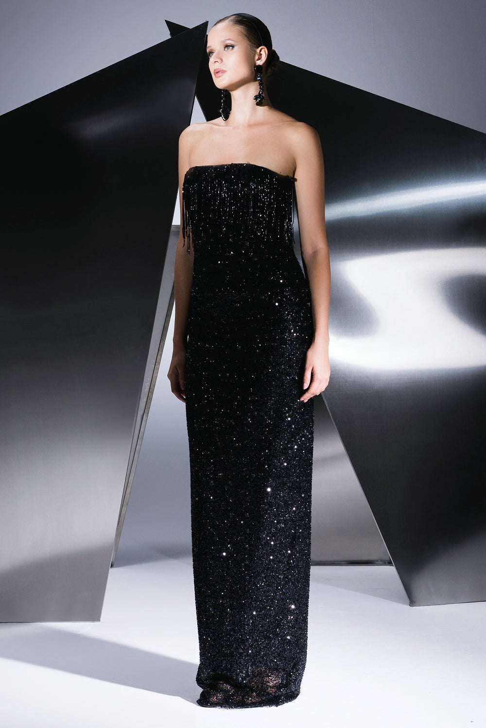 Stone Embroidered Strapless Long Evening Dress - 9202C