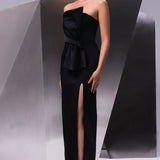 Strapless Collar Slit Satin Long Evening Dress - 9281C