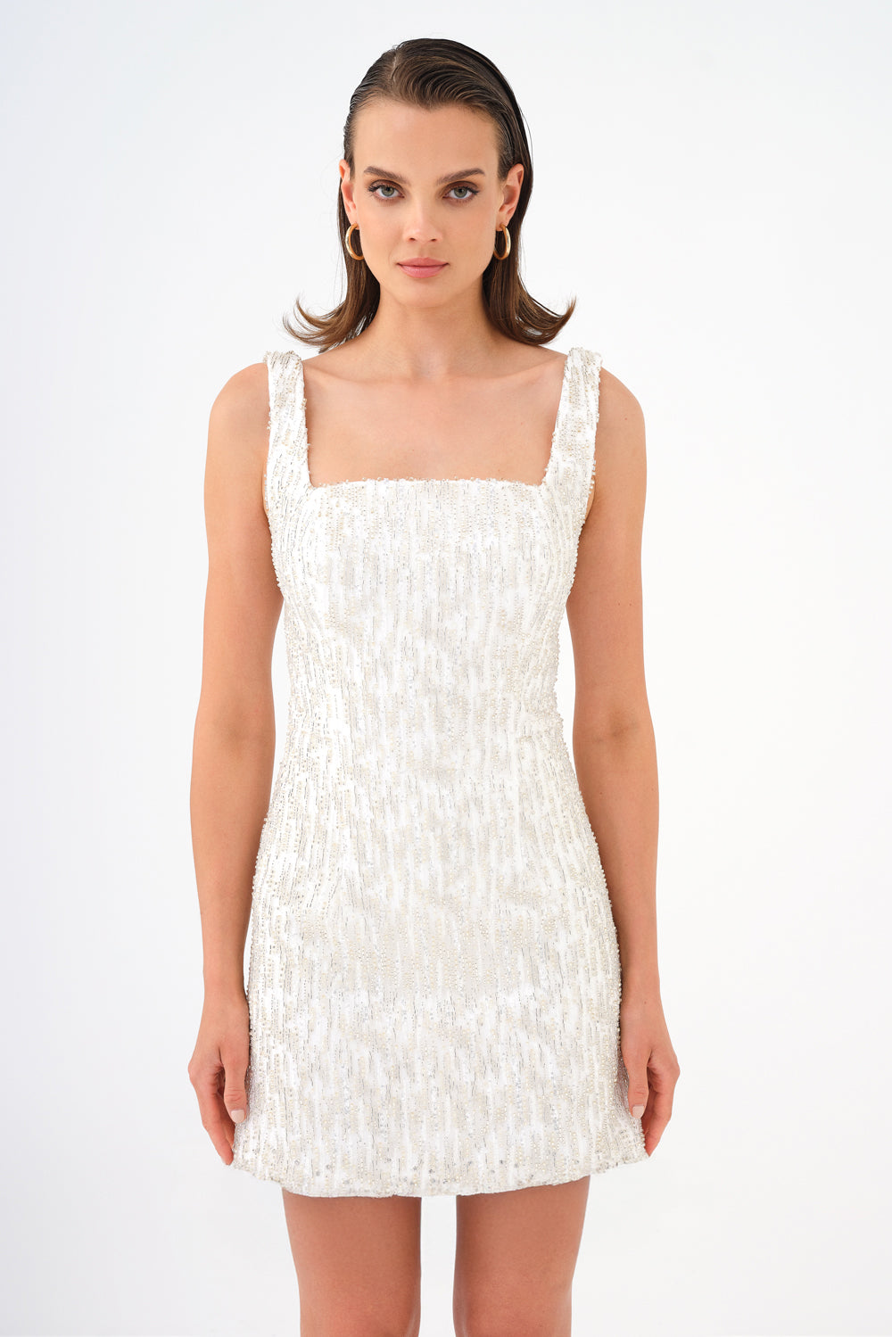 Straps Square Neck Stone Mini Evening Dress - 9172C