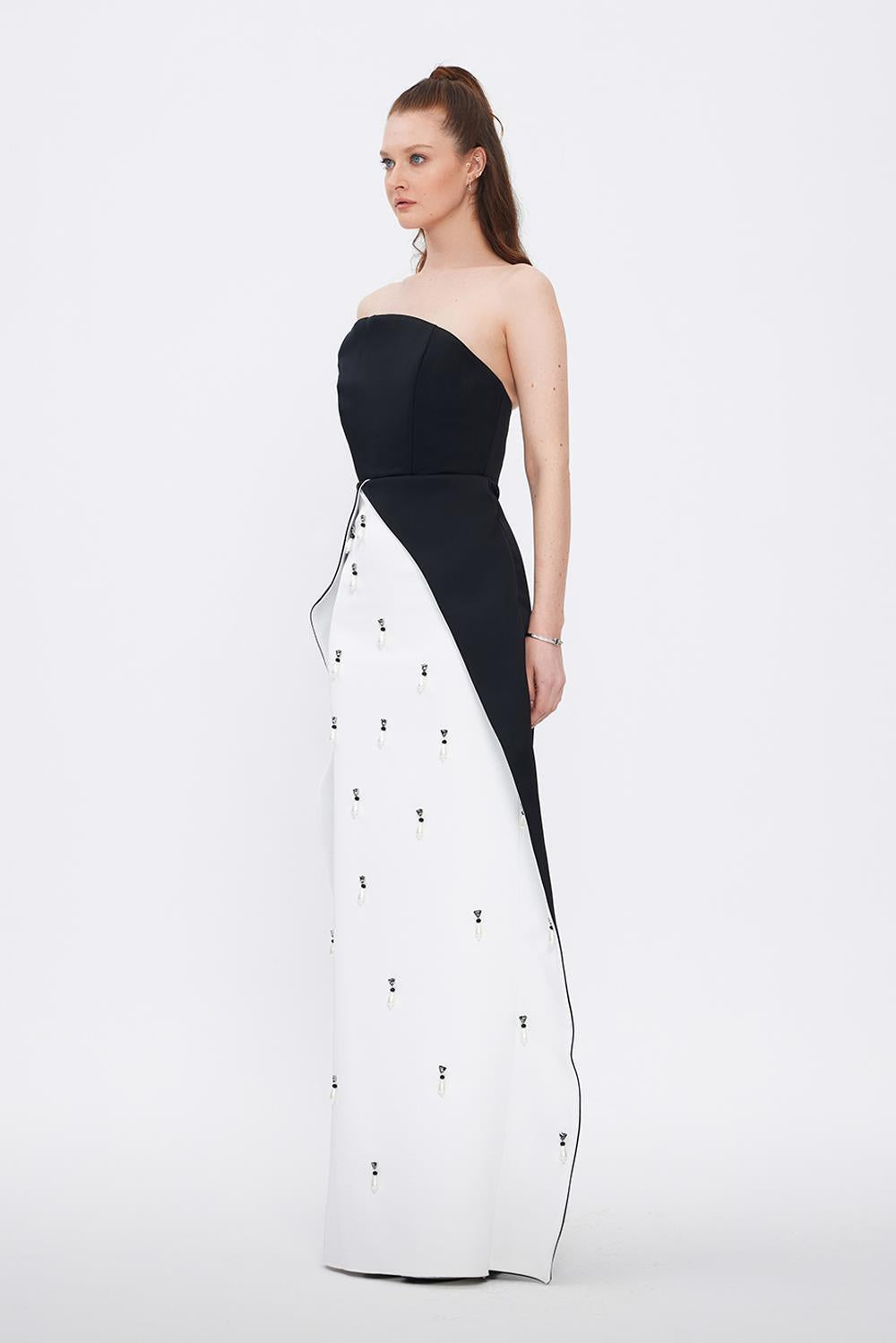 Pearl Detailed Strapless Collar Plain Evening Dress - 1025C