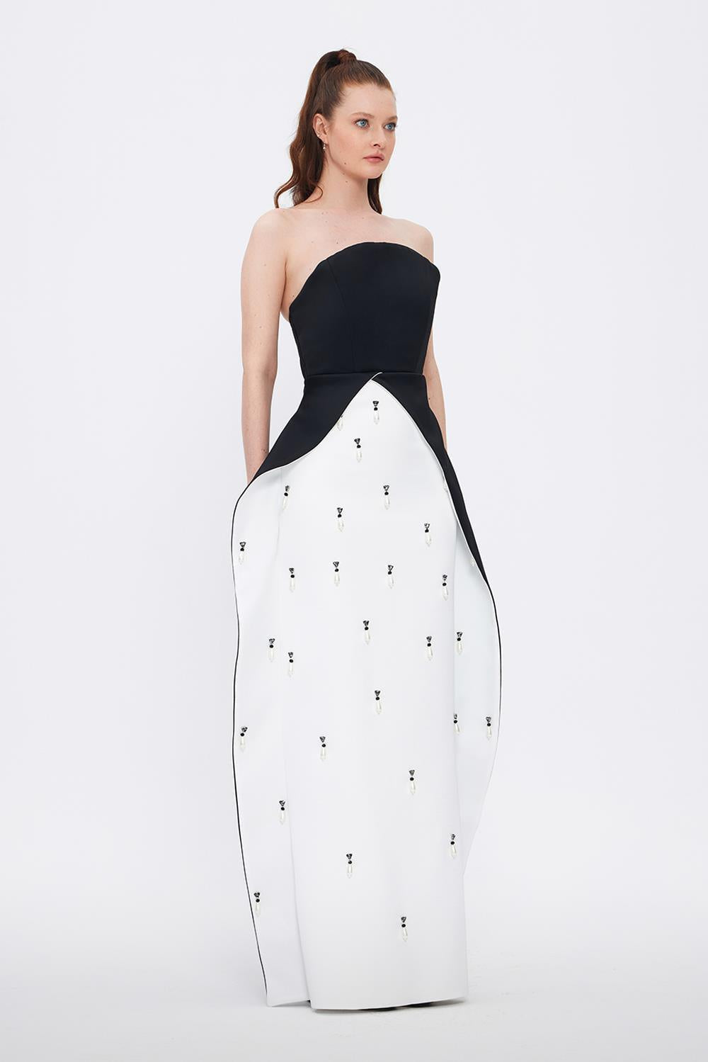 Pearl Detailed Strapless Collar Plain Evening Dress - 1025C