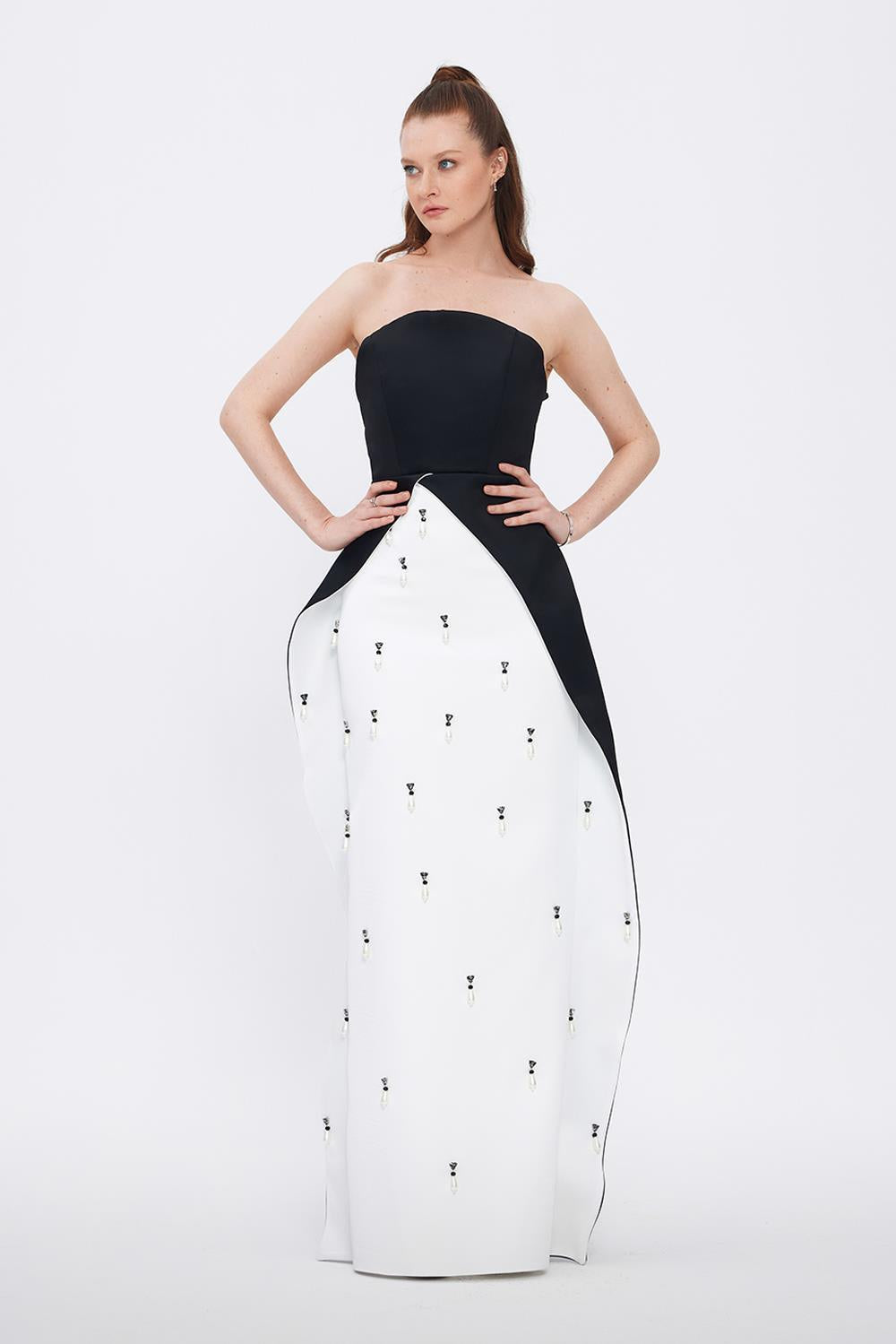 Pearl Detailed Strapless Collar Plain Evening Dress - 1025C