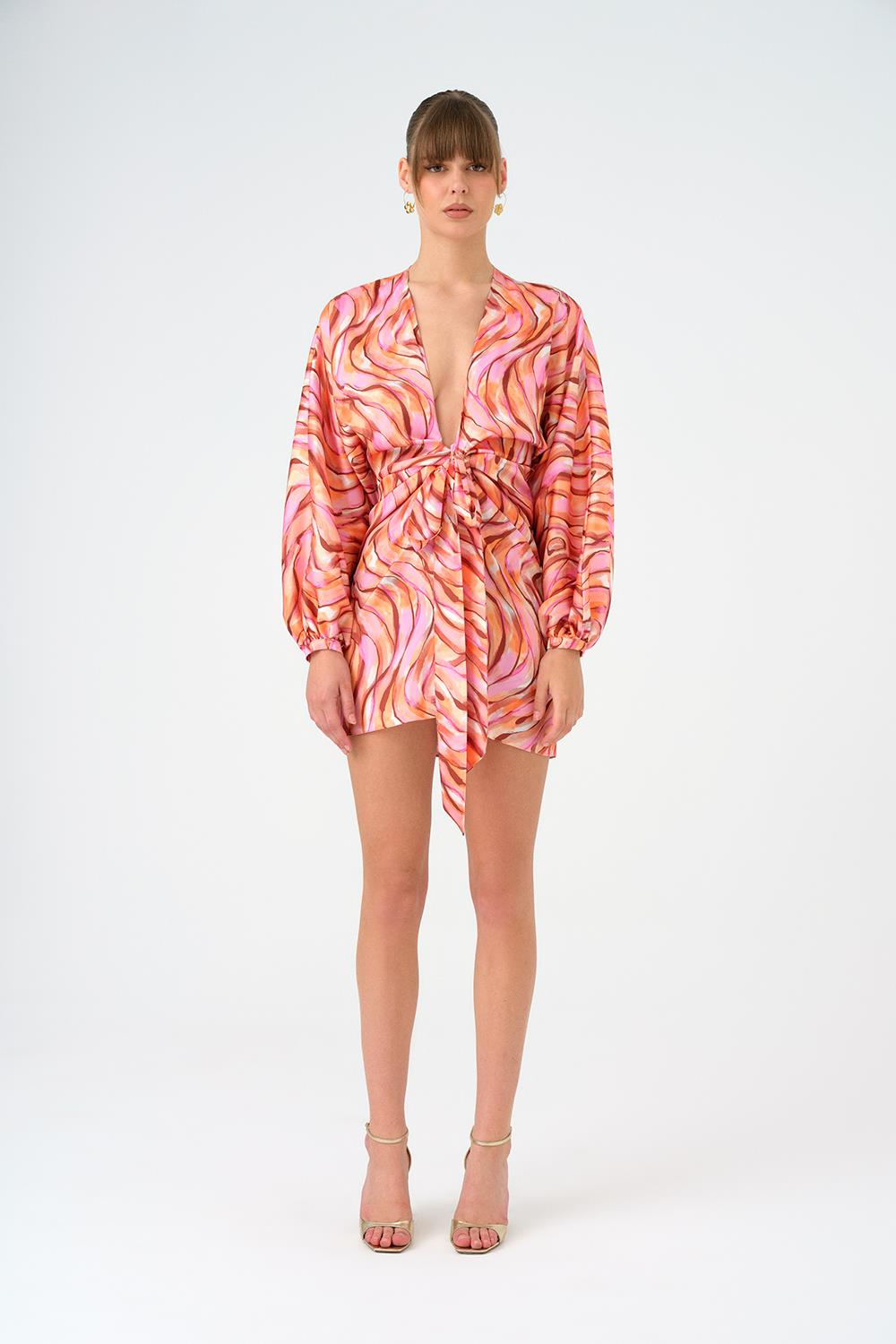 Short Evening Dress with Bat Sleeves and Tie Detail - 9199C