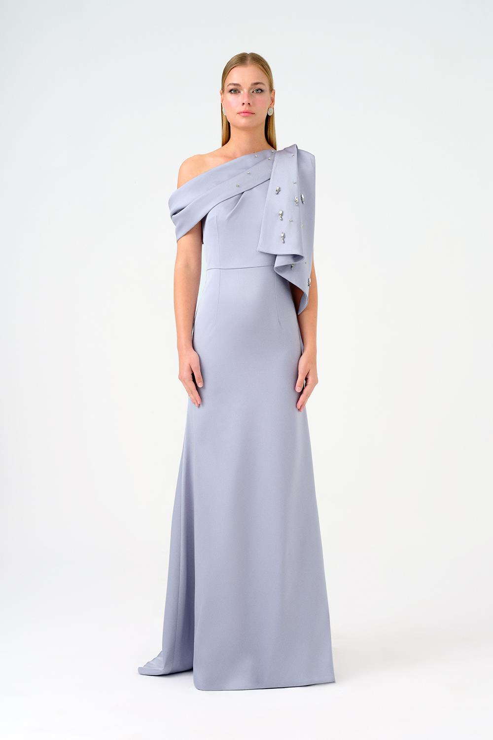 Stone Embroidered Fish Cut Long Evening Dress - 9166C