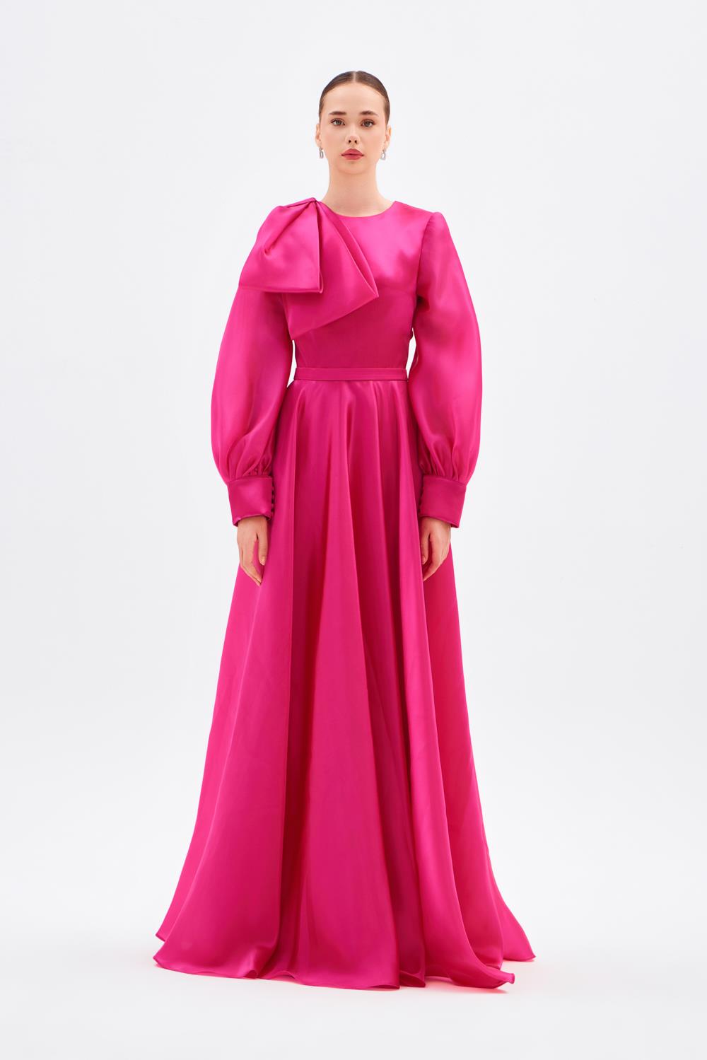 Balloon Sleeve Bow Detail Long Evening Dress - 9193C
