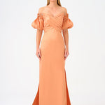 Cape Balloon Sleeve Stone Embroidered Long Evening Dress - 9084C