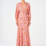 Long Sleeve V Neck Patterned Satin Long Evening Dress - 9156C