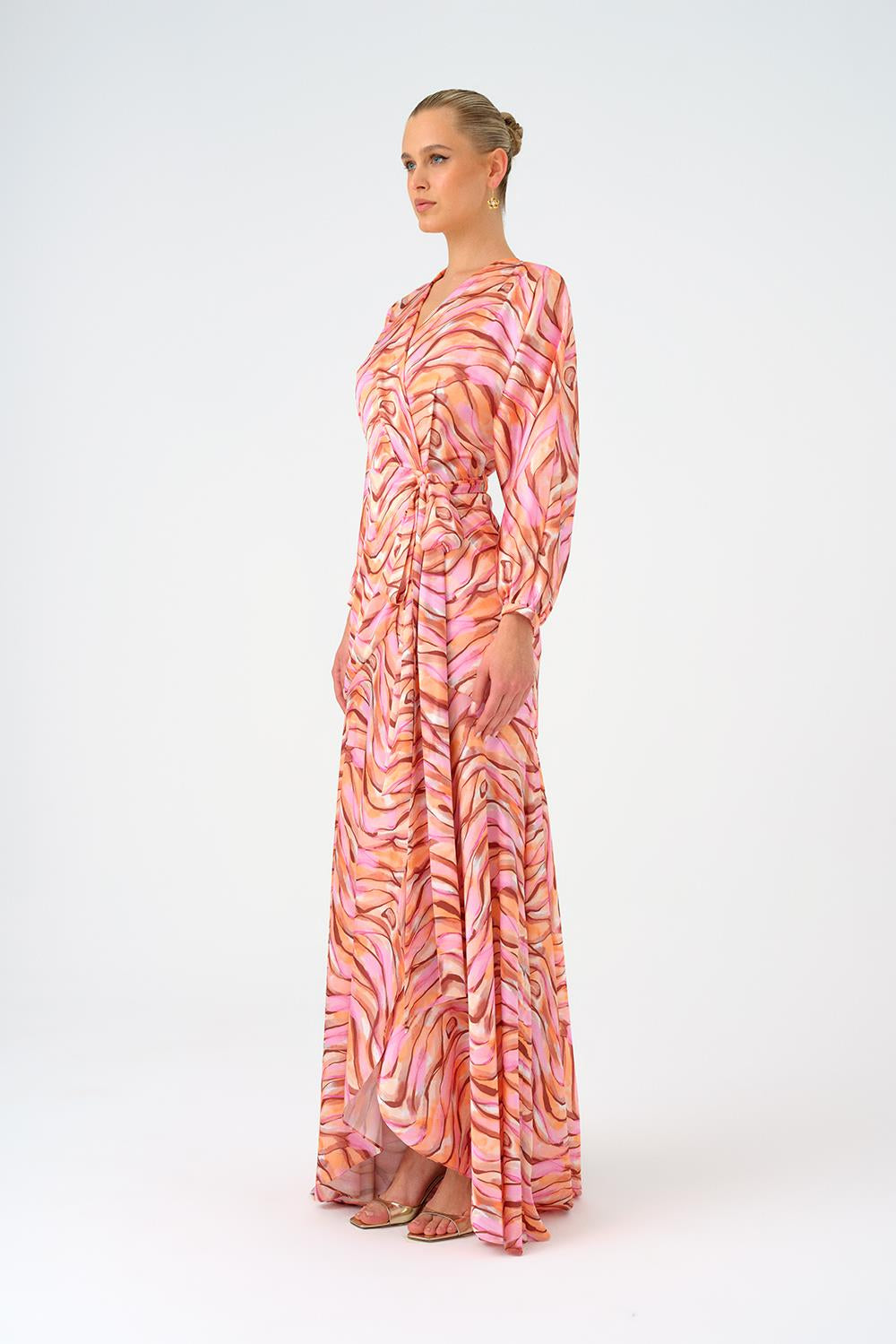 Long Sleeve V Neck Patterned Satin Long Evening Dress - 9156C