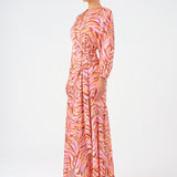 Long Sleeve V Neck Patterned Satin Long Evening Dress - 9156C
