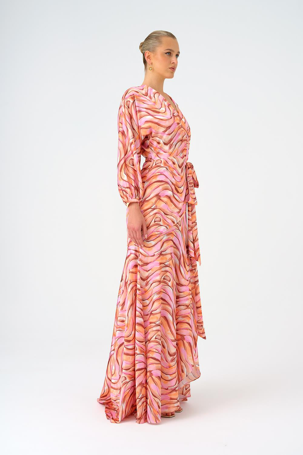 Long Sleeve V Neck Patterned Satin Long Evening Dress - 9156C