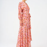 Long Sleeve V Neck Patterned Satin Long Evening Dress - 9156C