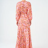 Long Sleeve V Neck Patterned Satin Long Evening Dress - 9156C