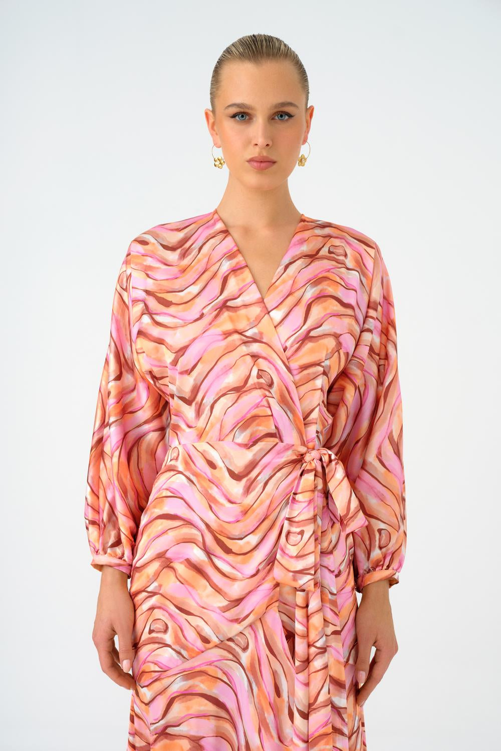Long Sleeve V Neck Patterned Satin Long Evening Dress - 9156C