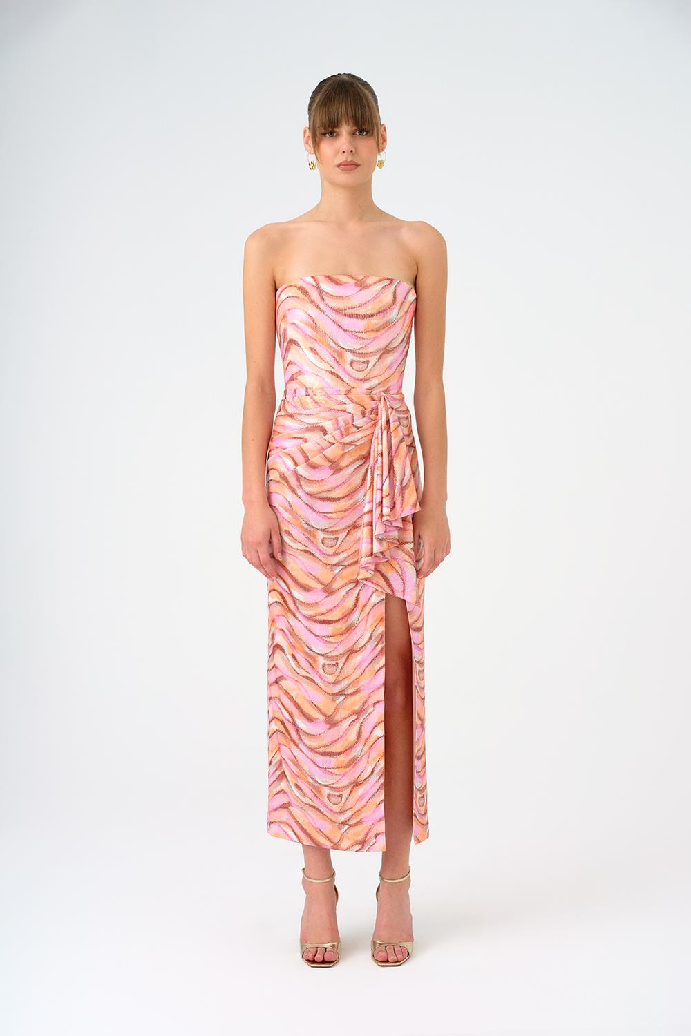Waist Drape Detailed Slit Midi Evening Dress - 9196C