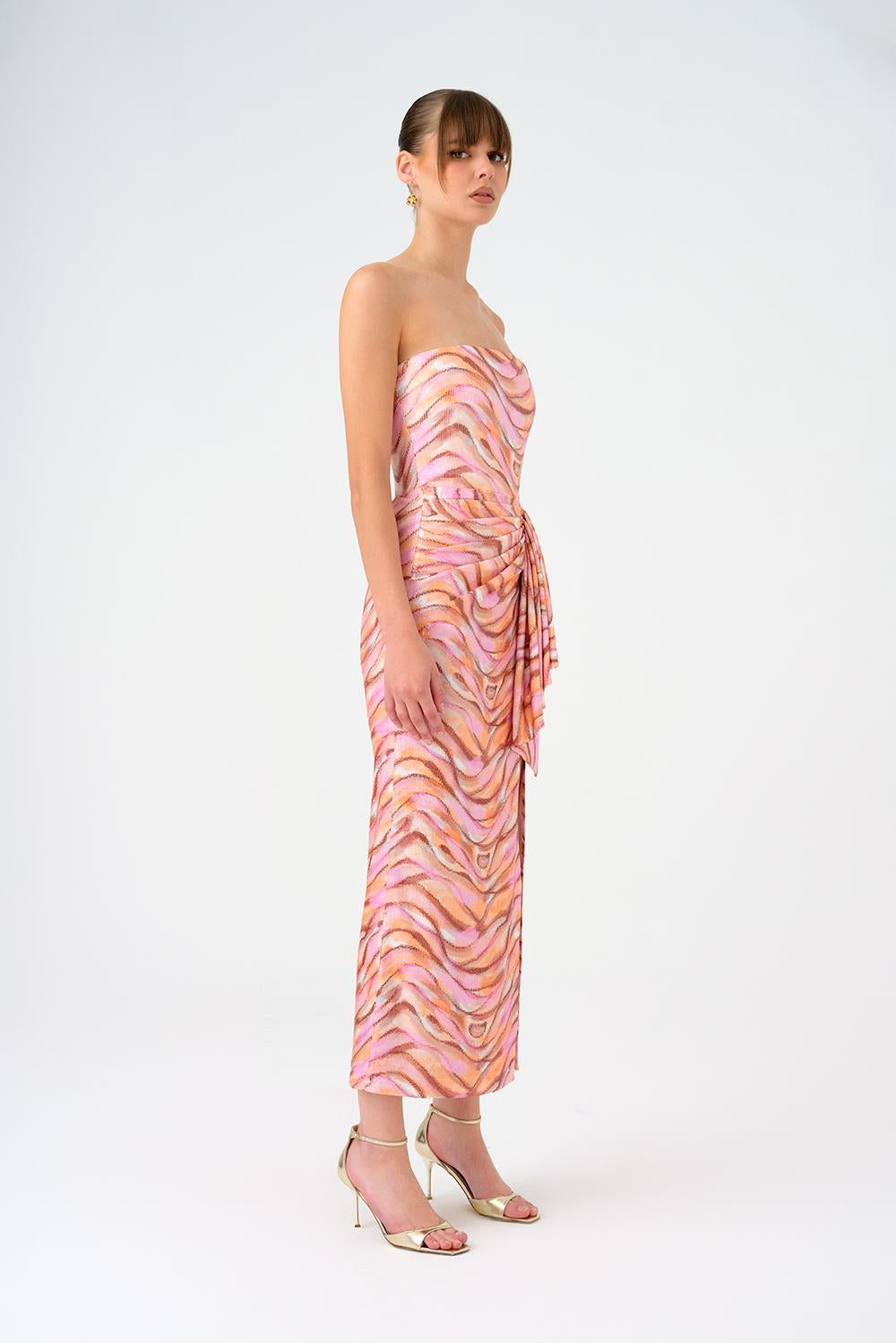 Bel Drape Detaylı Yırtmaçlı Midi Abiye Elbise - 9196C - Çok Renkli