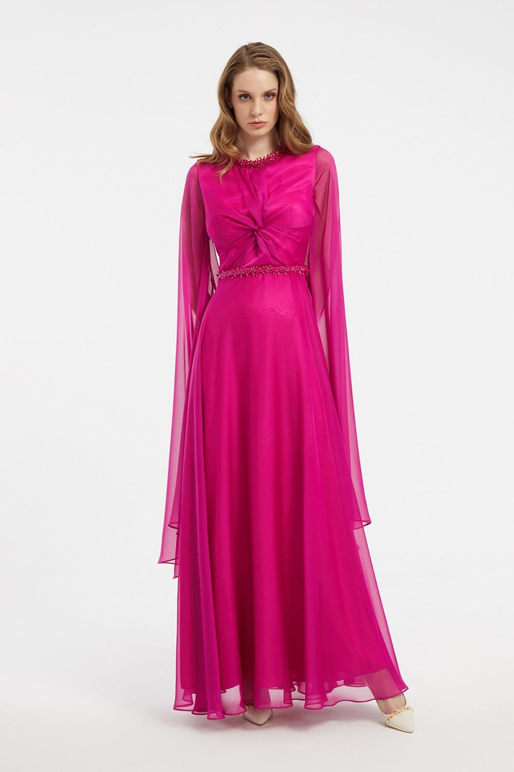 Bel İşlemeli Transparan Kol Detaylı Şifon Uzun Abiye Elbise FUŞYA