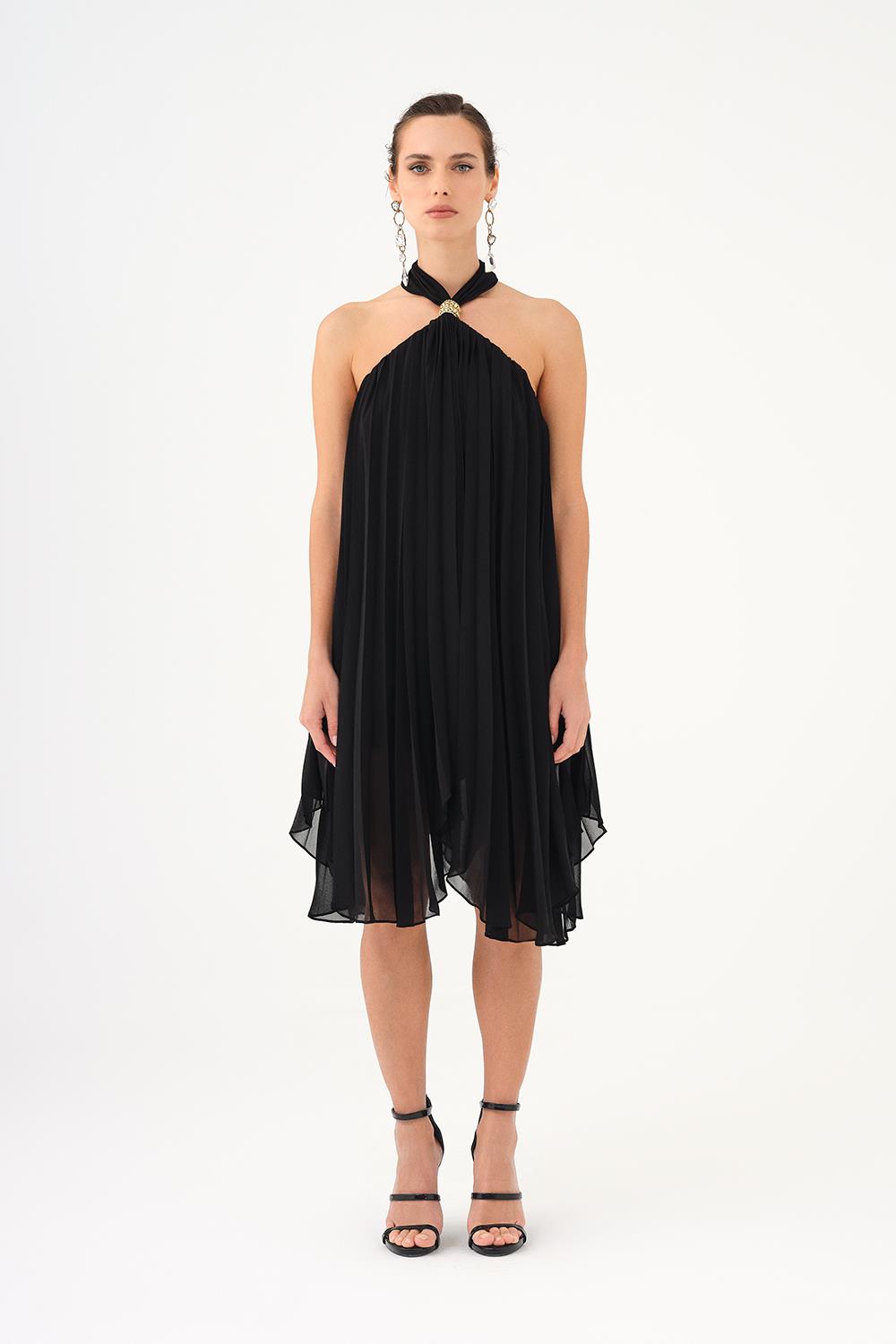 Halter Neck Brooch Detailed Pleated Mini Evening Dress - 9127C