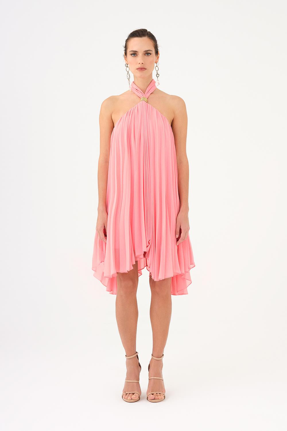 Halter Yaka Broş Detaylı Piliseli Mini Abiye Elbise - 9127C - PEMBE