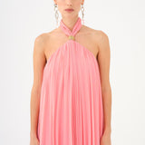 Halter Yaka Broş Detaylı Piliseli Mini Abiye Elbise - 9127C - PEMBE