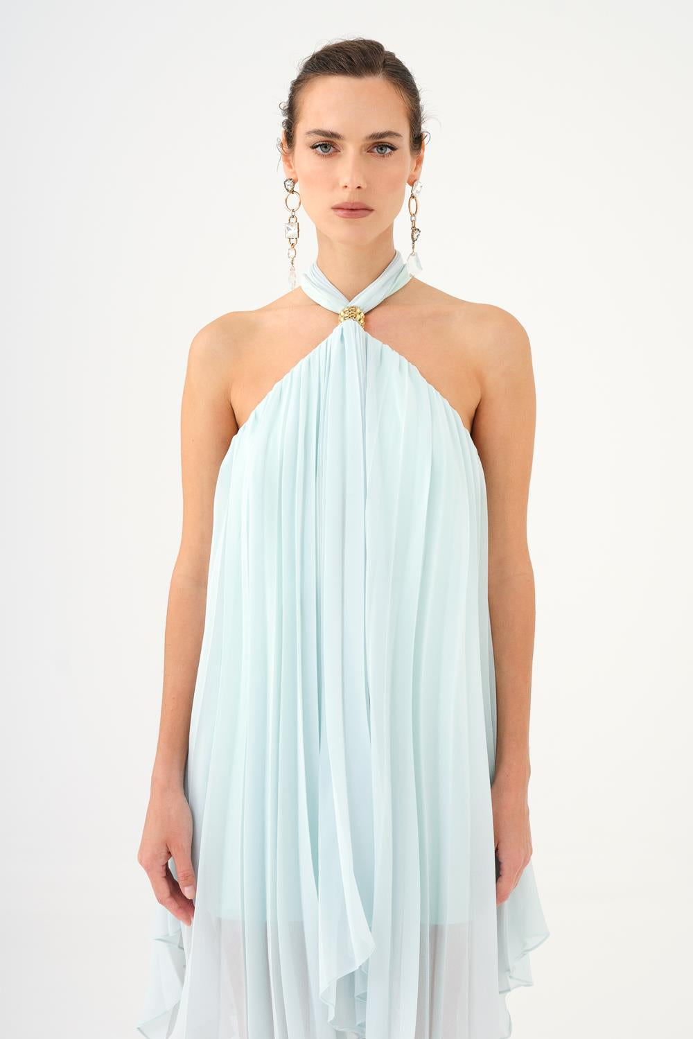 Halter Yaka Broş Detaylı Piliseli Mini Abiye Elbise - 9127C - MİNT