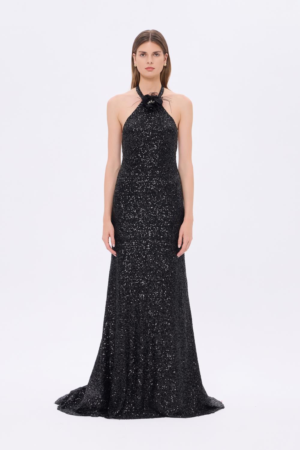 Flower Detailed Sequin Long Evening Dress with Straps from the Neck - 9348C