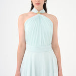 Broş Detaylı Halter Yaka Piliseli Uzun Abiye Elbise - 9097C - MİNT