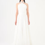 Broş Detaylı Halter Yaka Piliseli Uzun Abiye Elbise - 9097C - Kırık Beyaz