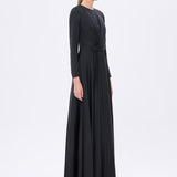 Bel Drape Detaylı Uzun Kollu Uzun Abiye Elbise - 9208C - SİYAH
