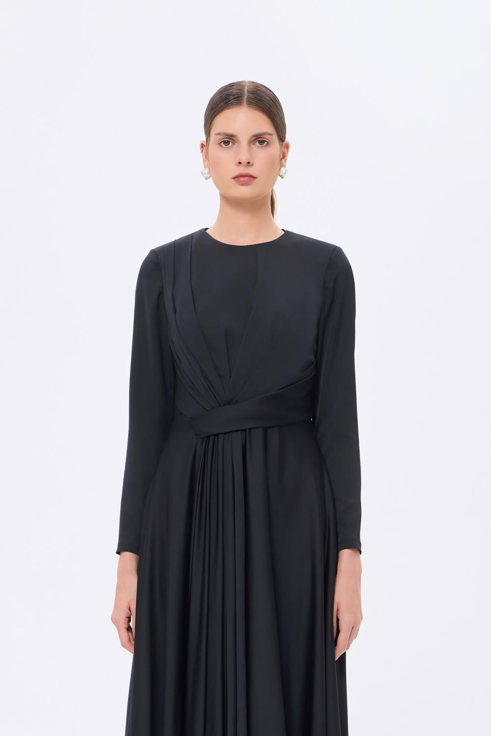 Bel Drape Detaylı Uzun Kollu Uzun Abiye Elbise - 9208C - SİYAH