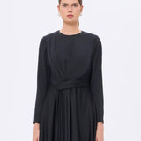 Bel Drape Detaylı Uzun Kollu Uzun Abiye Elbise - 9208C - SİYAH