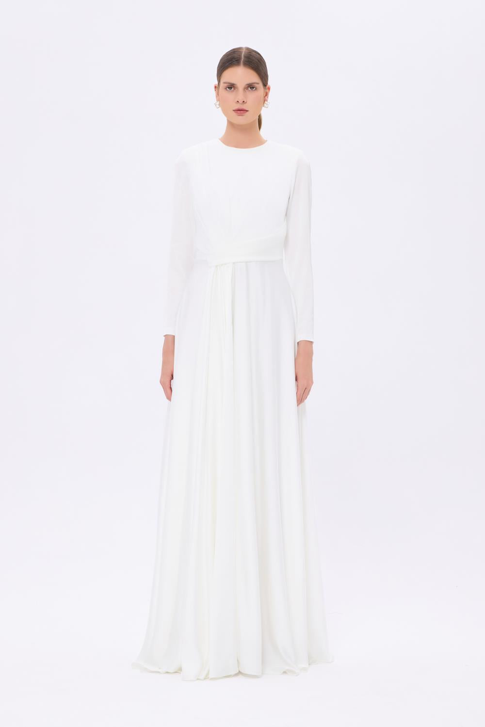 Bel Drape Detaylı Uzun Kollu Uzun Abiye Elbise - 9208C - BEYAZ