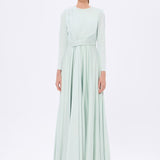 Bel Drape Detaylı Uzun Kollu Uzun Abiye Elbise - 9208C - MİNT