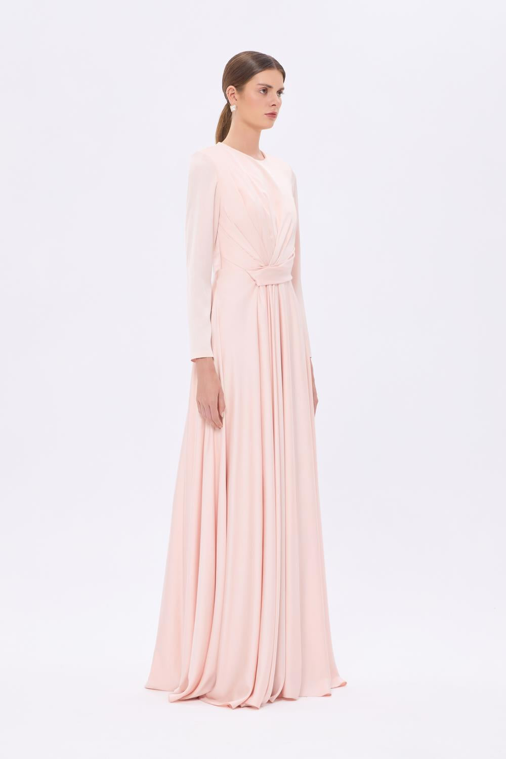 Bel Drape Detaylı Uzun Kollu Uzun Abiye Elbise - 9208C - PUDRA