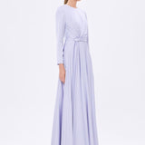 Bel Drape Detaylı Uzun Kollu Uzun Abiye Elbise - 9208C - LAVANTA