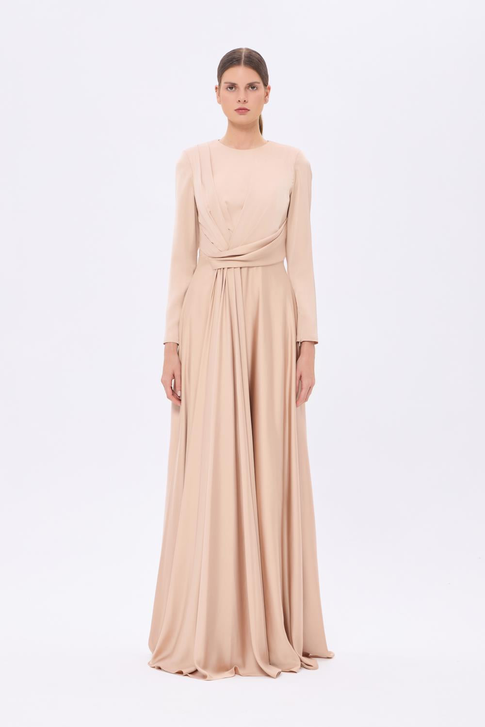 Bel Drape Detaylı Uzun Kollu Uzun Abiye Elbise - 9208C - Şampanya