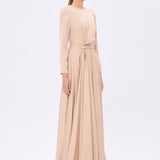 Bel Drape Detaylı Uzun Kollu Uzun Abiye Elbise - 9208C - Şampanya