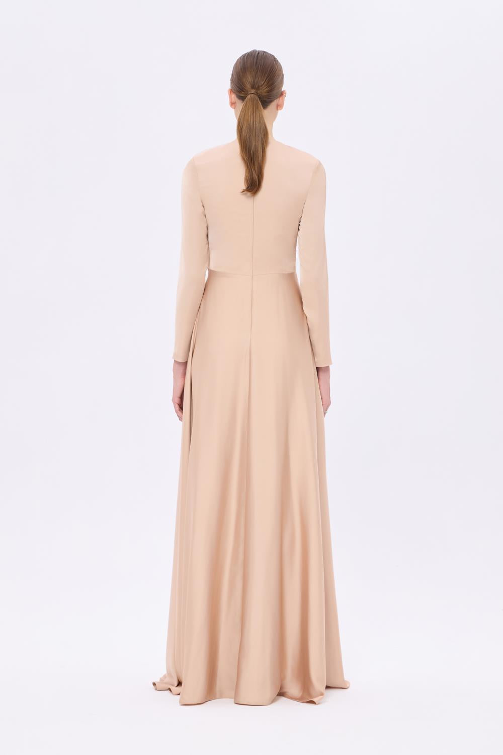 Bel Drape Detaylı Uzun Kollu Uzun Abiye Elbise - 9208C - Şampanya