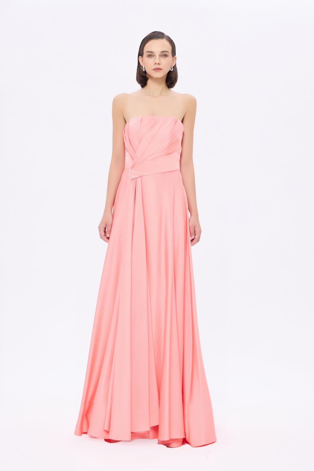 Taş Detaylı Drapeli Straplez Uzun Abiye Elbise - 9209C - PEMBE