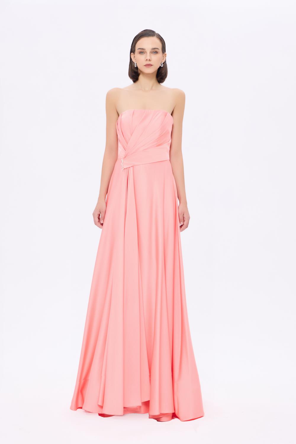 Stone Detailed Draped Strapless Long Evening Dress - 9209C