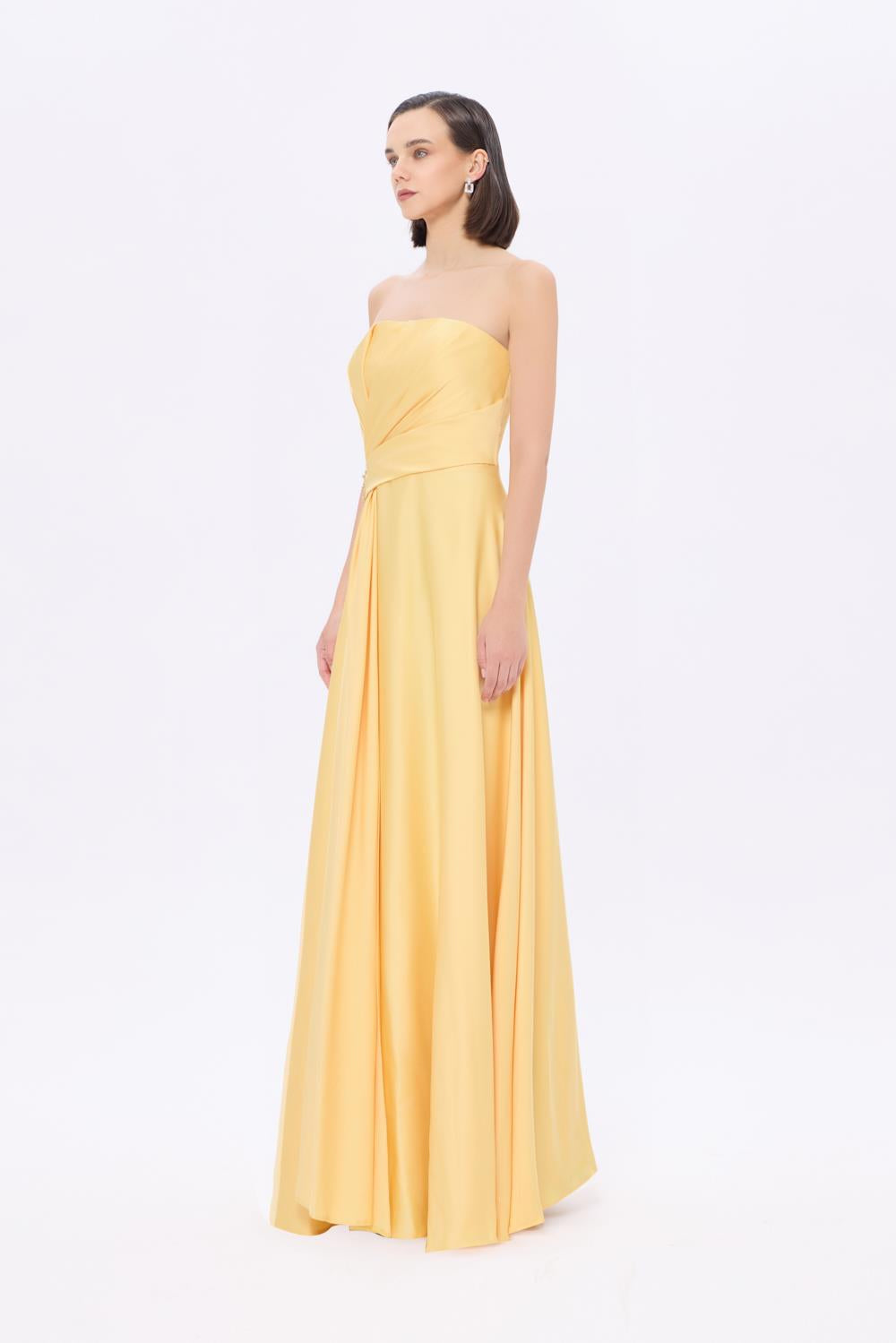 Taş Detaylı Drapeli Straplez Uzun Abiye Elbise - 9209C - SARI