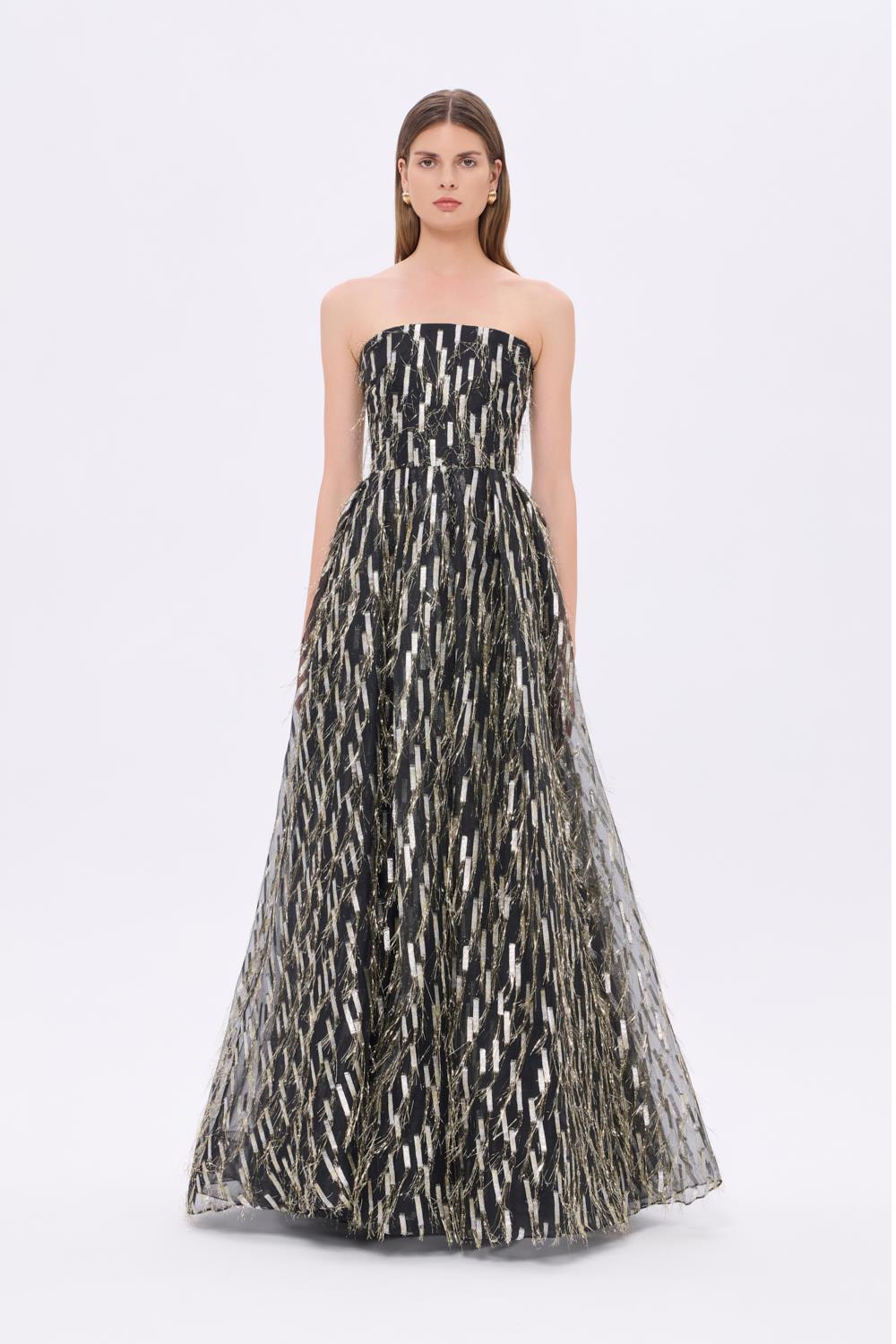 Organze Straplez Prenses Kesim Uzun Abiye Elbise - 9247C - Siyah - Gold