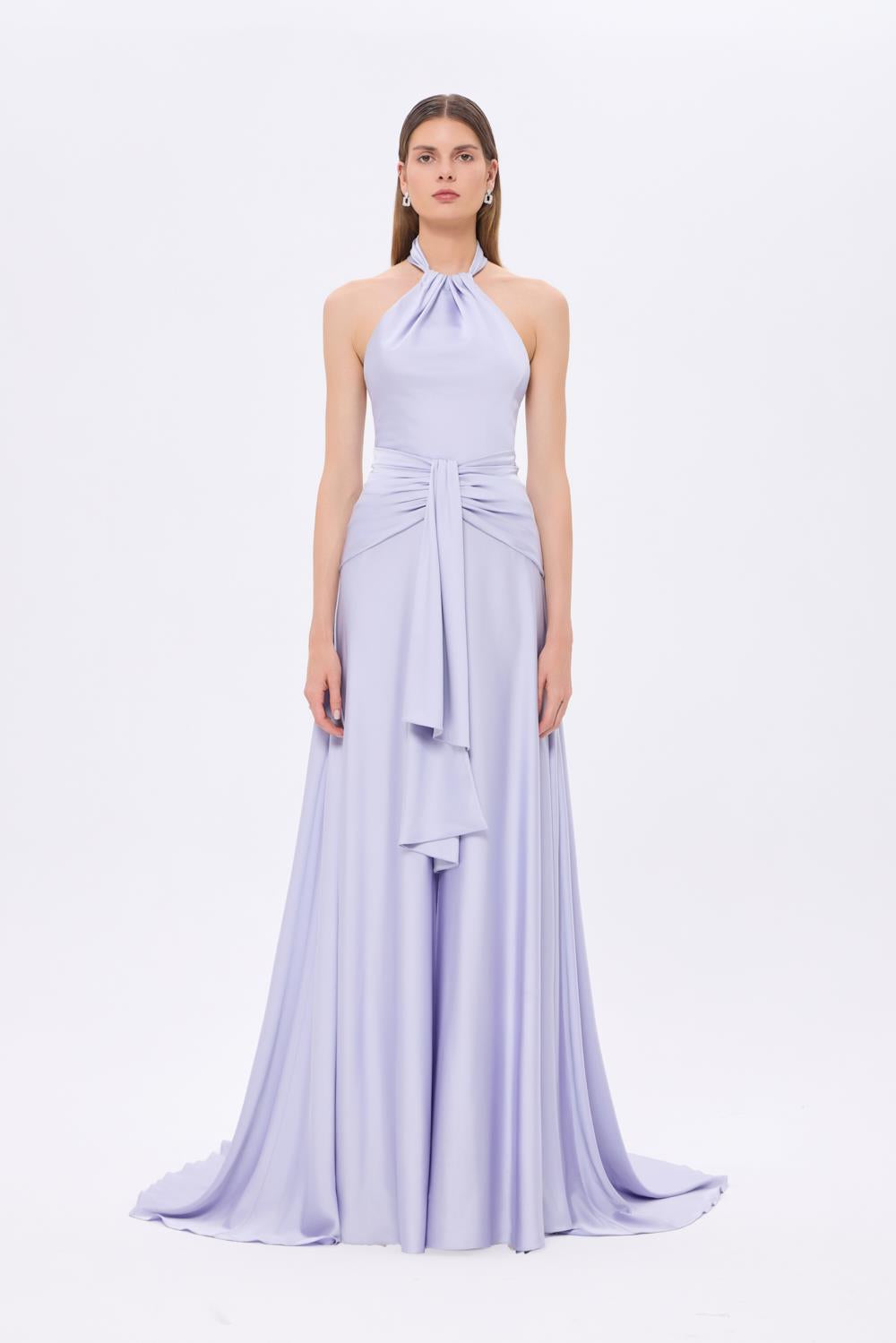 Long Evening Dress with Neck Straps and Waist Drape Detail - 9253C
