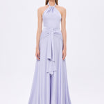 Long Evening Dress with Neck Straps and Waist Drape Detail - 9253C