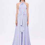 Long Evening Dress with Neck Straps and Waist Drape Detail - 9253C