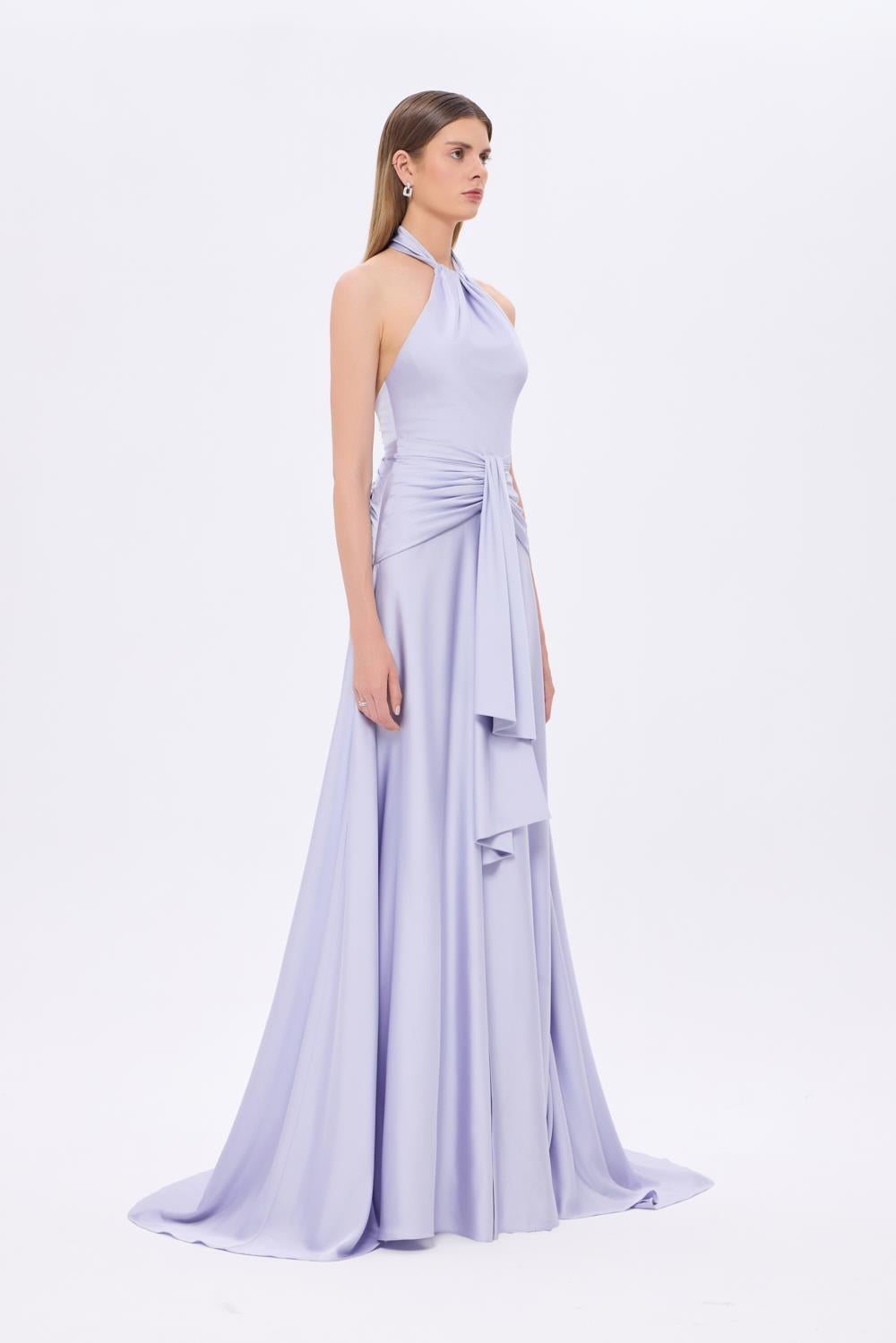 Long Evening Dress with Neck Straps and Waist Drape Detail - 9253C