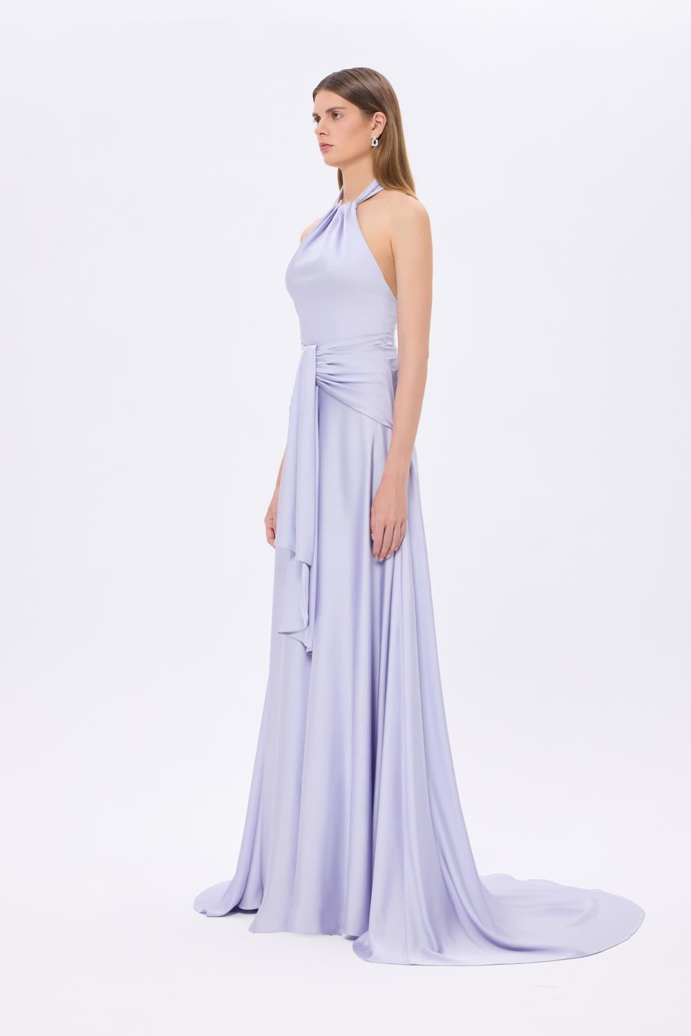 Long Evening Dress with Neck Straps and Waist Drape Detail - 9253C