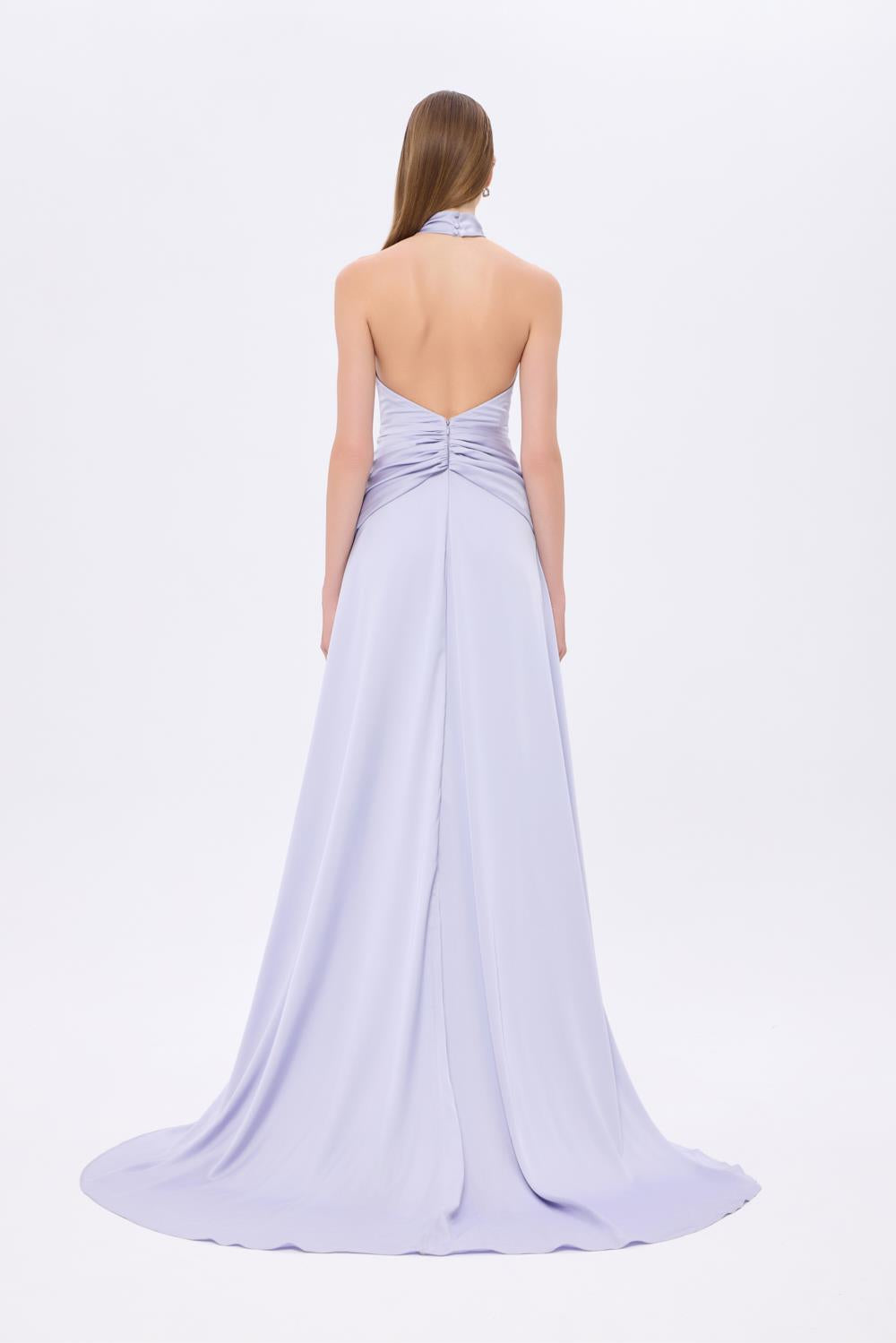 Long Evening Dress with Neck Straps and Waist Drape Detail - 9253C