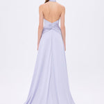 Long Evening Dress with Neck Straps and Waist Drape Detail - 9253C